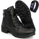 Coturno Feminino Preto Zíper Cadarço Confort Flex Couro + Relógio De Pulso