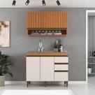 Cozinha Compacta Cecilia 2 Pecas com Aéreo Ripado 2 Portas e 3 Gavetas Freijó/off White J Carvalho