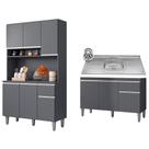 Cozinha Compacta Márcia e Balcão Gabinete Com Pia Tatiane 120cm Cinza - AJL Móveis