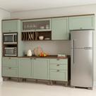 Cozinha Completa Modulada 6 Peças 100% MDF com Torre Quente, Porta Pratos e 2 Balcões com Tampo Iluminata Verde Mint/Ébano