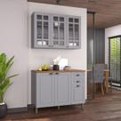 Cozinha Modulada 2 Peças Balcão com Tampo e Armário Aéreo com Vidro 100% MDF Bari Cinza/Titanio Fosco