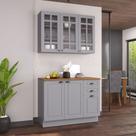 Cozinha Modulada 2 Peças Balcão com Tampo e Armário Aéreo com Vidro 100% MDF com Rodapé Bari Cinza/Titanio Fosco