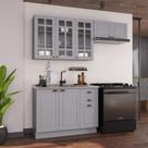 Cozinha Modulada 3 Peças Balcão sem Tampo Armário Aéreo com Vidro 100% MDF com Rodapé Bari Cinza/Titanio Fosco