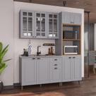 Cozinha Modulada 3 Peças Torre Quente Balcão e Armário Aéreo com Vidro 100% MDF Bari Cinza/Titanio Fosco