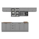Cozinha Modulada 320cm Americana com Vidro e Nicho de Micro-ondas 8 peças 10 Portas 3 Gavetas Henn - Cinza/Nature