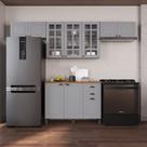Cozinha Modulada 4 Peças 1 Balcão com Tampo 3 Aéreos 100% MDF com Vidro Bari Cinza/Titanio Fosco