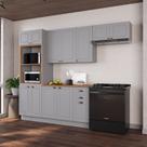Cozinha Modulada 4 Peças Torre Quente Balcão com Tampo 2 Aéreos 100% MDF com Rodapé Bari Cinza/Titanio Fosco