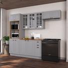 Cozinha Modulada 4 Peças Torre Quente Balcão com Tampo 2 Aéreos 100% MDF com Vidro e Rodapé Bari Cinza/Titanio Fosco