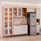Cozinha Modulada 5 Peças Brilhante com 1 Cristaleira 1 Balcão 2 Armários Aéreos e 1 Torre Bege/Cinamomo/Off White