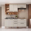 Cozinha Modulada 5 Peças com Nicho Decorativo Balcão para Cooktop Isabelle Bege/Freijó/Arenas