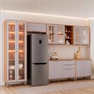 Cozinha Modulada 6 Peças Brilhante com 1 Cristaleira 2 Balcões 3 Armários Aéreo Bege/Cinamomo/Platina