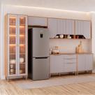 Cozinha Modulada 6 Peças com 1 Cristaleira 2 Balcões e 3 Armários Aéreo Celeste Bege/Cinamomo/Platina