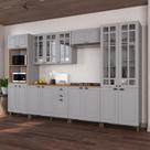 Cozinha Modulada 6 Peças Torre Quente Cristaleira 2 Balcão com Tampo e 2 Aéreos 100% MDF com Vidro Bari Cinza/Titanio Fosco
