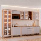 Cozinha Modulada 7 Peças Brilhante com 1 Cristaleira 3 Balcões 3 Armários Aéreos Bege/Cinamomo/Platina