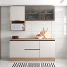 Cozinha Modulada Completa 5 Peças 5 Portas 3 Gavetas com Portas Vidro Fumê Etna Bege/Carvalho Oak/Off White