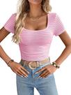 Crop Top LUXVEER feminino de verão, manga curta, gola quadrada, rosa