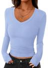 Crop Top PRETTYGARDEN Feminino Manga Longa Decote V Azul Claro Crop Top PRETTYGARDEN Feminino Manga Longa Decote V Azul Claro