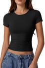 Crop Top QINSEN com gola redonda e manga curta para mulheres preta S