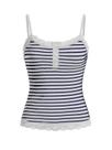 Crop Top SOLY HUX listrado com acabamento em renda, botão de cami, azul escuro Crop Top SOLY HUX listrado com acabamento em renda, botão de cami, azul escuro