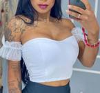 Croped Branco Com Detalhe Em Tule Croped Branco Com Detalhe Em Tule