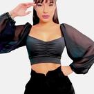 Cropped Blusinha Manga Longa Bufante Tule Juliete Com Bojo