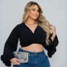 Cropped De Amarrar Casual Com Decote Em V Com Manga Bufante
