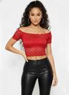 Cropped de Renda Vermelho Ombro a Ombro Blusa Feminina Rendada Curta com Manga Cigana