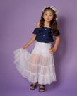 Cropped em laise e saia midi c/ recortes de tule azul Cropped em laise e saia midi c/ recortes de tule azul