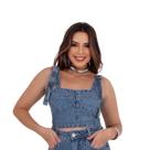 Cropped Jeans Feminino Decote Quadrado Alça Fina Modelagem Slim