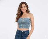 Cropped Jeans Feminino sem alça Com Zíper e Bolsos Cor:Azul ClaroTamanho:M
