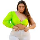 Cropped nula manga longa decote V nó torcido alça corrente slim e plus size blusa top manga unica comprida bufante malha suplex com bojo 36 ao 56
