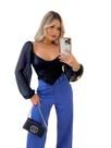 Cropped Paetê Em V Feminino Manga Tule Bufante Brilho