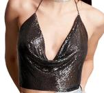 Cropped Top Blusa Luxo Frente Única Metal Brilhoso Alça Fina