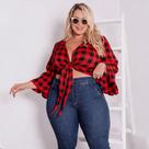 Cropped Xadrez Feminino Plus Size Amarração Frontal Casual Chic