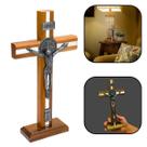 Crucifixo Cruz Espelhado De Mesa e Parede Medalha de São Bento Madeira 25 cm