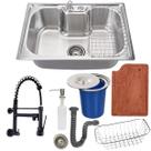 Cuba 50x40 inox escovado +torneira de parede tábua e lixeira