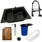 Cuba 50x40cm inox black + torneira de parede tábua e lixeira