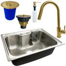 Cuba 60x42 Gourmet Inox 304 Torneira Alta Monocomando Dourada Lixeira De Embutir 5l Porta Detergente 500ml Valvula E Sifão Kit Cozinha Completa