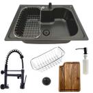 Cuba 60x42cm inox black com torneira de parede preta e tábua