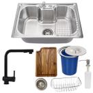Cuba 60x42cm inox escovado + torneira black tábua e lixeira