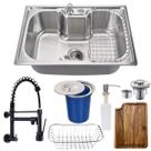 Cuba 60x42cm inox304 + torneira parede preta tábua e lixeira