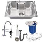 Cuba aço inox 50x40cm + torneira cromada de parede e lixeira