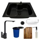 Cuba aço inox black 60x42 com torneira slim tábua e lixeira