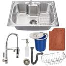 Cuba cozinha 50x40 em inox escovado torneira tábua e lixeira