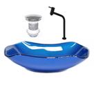 Cuba de vidro abaulada 51cm azul escuro + valvula + torneira preta