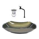 Cuba de vidro abaulada 51cm ouro envelhecido + valvula + torneira preta