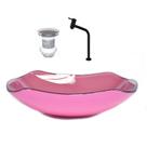 Cuba de vidro abaulada 51cm rosa + valvula + torneira preta