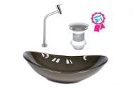Cuba de vidro oval 47cm marrom + válvula click + torneira de metal