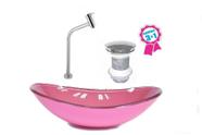 Cuba de vidro oval 55cm rosa + valvula click + torneira metal