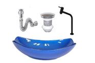Cuba de vidro oval chanfrada 46cm azul escuro + valvula + torneira metal preta + sifao Cuba de vidro oval chanfrada 46cm azul escuro + valvula + torneira metal preta + sifao